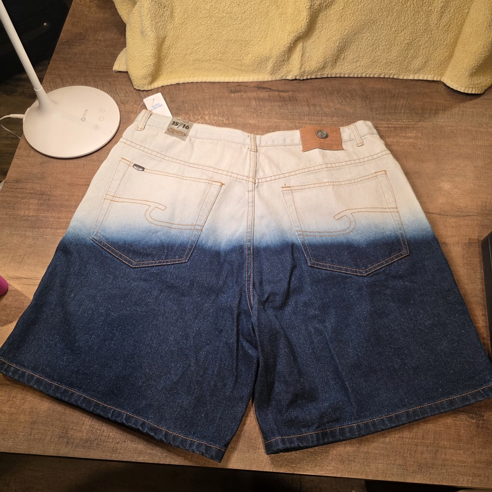 Unique Vintage Y2K Crest Blue and White Ombre Jean Shorts - Picture 2 of 5